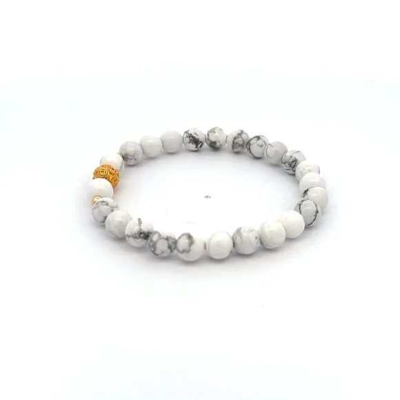 18K Gold Money Ball Lucky Charm Beads Bracelet Gemstones Black White Howlite 6mm - Picture 5 of 5